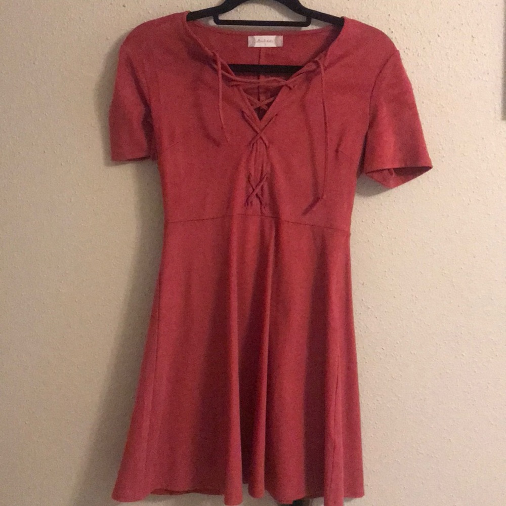 suede salmon color skater dress